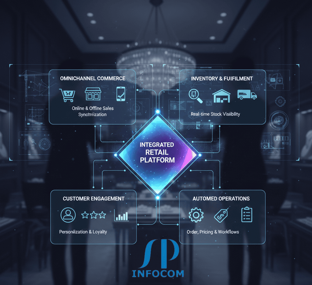SP Infocom digital solutions for retail businesses, including inventory, sales, and customer management