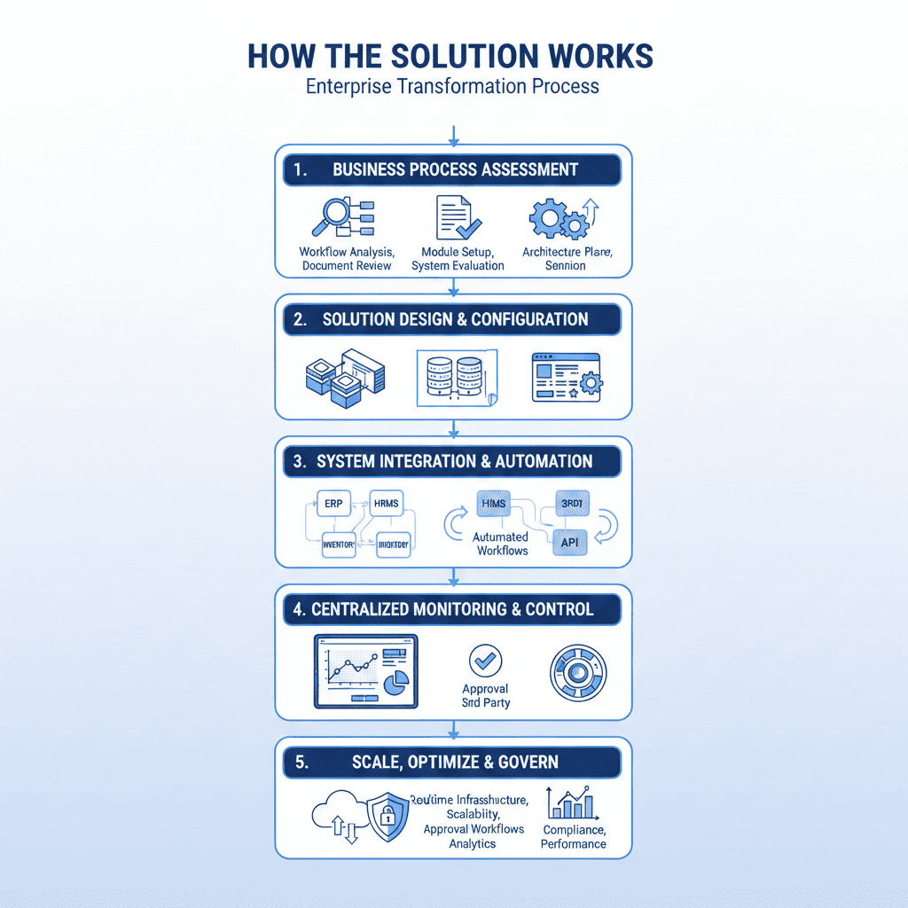 Enterprise operations workflow showing integrated systems and automated business processes
