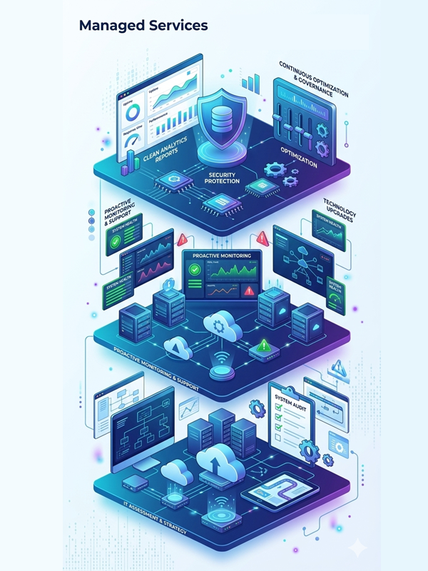 Managed IT services approach with proactive monitoring, support, and optimization