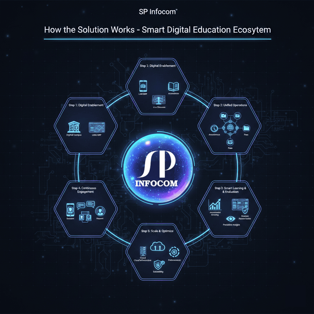 Workflow diagram of SP Infocom Smart Digital Education Solution including student mobile app, teacher dashboard, admin panel, fee management system, attendance tracking, online exam module, and parent communication portal
